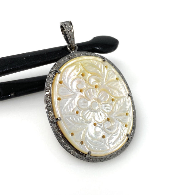 Mother of Pearl Pave Diamond Pendant, Natural Gemstone Pendant, Nacre Pendant, Sterling Silver Jewelry Gifts for Her, 1.85”x1.20”