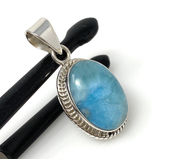 Natural Larimar Gemstone Pendant, Bohemian Jewelry, Sterling Silver Pendant, Gifts for Her, 1.40” x 0.70”