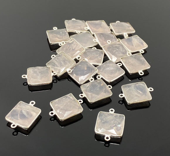 7 Pcs Rose Quartz Connector, Gemstone Connectors, Wholesale Bulk Jewelry Supplies, Silver Plated Findings, 21x15mm - 22x16mm