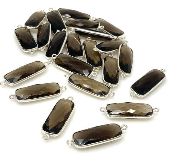 11 Pcs Smokey Quartz Connectors, Silver Plated Bar Gemstone Connectors, Wholesale Jewelry Findings forJewelry Making