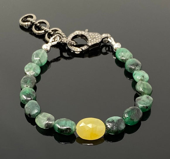 Natural Emerald and Yellow Sapphire Pave Diamond Bracelet, Adjustable Gemstone Bracelet, Jewelry Gifts for Her