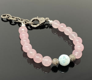 Natural Larimar and Rose Quartz Gemstone Bracelet, Pave Diamond Adjustable Bracelet, AAA Grade, Gifts for Her
