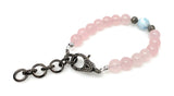 Natural Larimar and Rose Quartz Gemstone Bracelet, Pave Diamond Adjustable Bracelet, AAA Grade, Gifts for Her