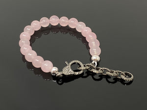 Natural Rose Quartz Gemstone Bracelet, Pave Diamond Adjustable Bracelet, AAA Grade Rose Quartz Jewelry, Gifts for Her