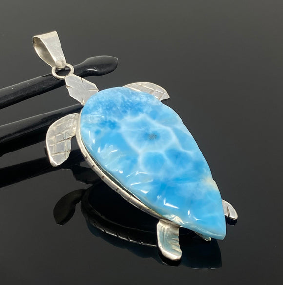 24g Rare Larimar Carved Turtle Pendant, Large Larimar Silver Pendant, Bohemian Jewelry, Genuine Dominican Republic Larimar Pendant