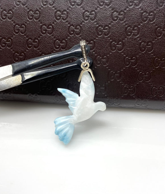 8g Rare Larimar Bird Pave Diamond Pendant, Silver Bohemian Jewelry, Dominican Republic Hand Carved Larimar Dove Pendant