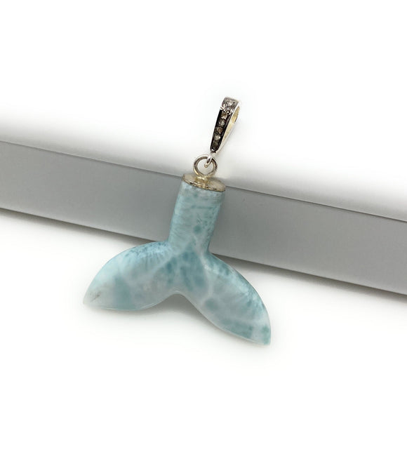 22g Larimar Mermaid Tail Pendant, Sterling Silver Pave Diamond Pendant, Bohemian Jewelry, Larimar Whale Tail Pendant