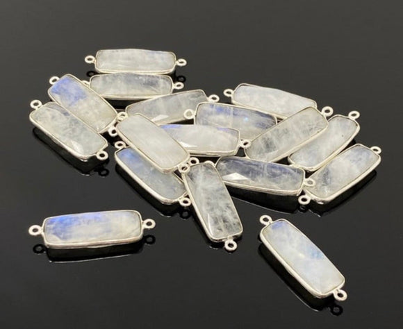 5 Pcs Rainbow Moonstone Sterling Silver Connectors, Gemstone Bar Connector Charms, Bulk Jewelry Supplies, 30x9.5mm - 32x10mm