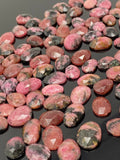 10 Pcs Natural Rhodonite Rose Cut Cabochons, Loose Gemstones, Rhodonite Rose Cuts, 10x7mm- 14x11mm