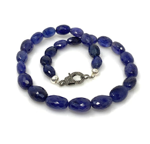 16.85” Genuine Blue Sapphire Necklace with Pave Diamond Clasp, Natural Blue Sapphire Necklace AAA Grade, Gifts for Her