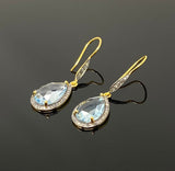 Genuine Sky Blue Topaz Pave Diamond Earrings, 14K Gold Plated Silver Gemstone Earrings, Vintage Jewelry, 1.65” x 0.55”