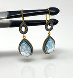 Genuine Sky Blue Topaz Pave Diamond Earrings, 14K Gold Plated Silver Gemstone Earrings, Vintage Jewelry, 1.65” x 0.55”
