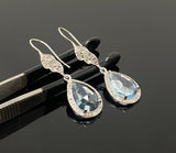 Genuine Sky Blue Topaz Pave Diamond Earrings, Sterling Silver Gemstone Earrings, Vintage Jewelry, 1.70” x 0.55”