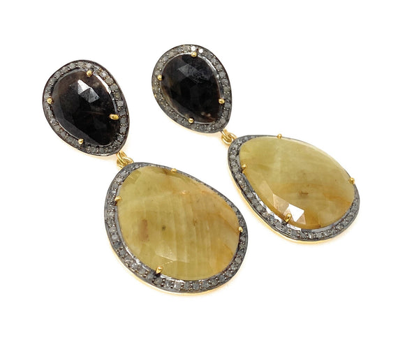 Rare Yellow Sapphire Pave Diamond Earrings, Yellow Sapphire and Smoky Fancy Sapphire Earrings, Genuine Gemstone Earrings