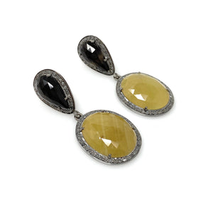 Rare Yellow Sapphire Pave Diamond Earrings, Yellow Sapphire and Smoky Fancy Sapphire Earrings, Genuine Gemstone Earrings