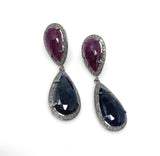 Blue and Dark Pink Sapphire Pave Diamond Earrings, Natural Sapphire Gemstone Earrings, Victorian Jewelry