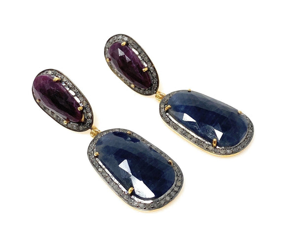 Blue and Dark Pink Sapphire Pave Diamond Earrings, Natural Sapphire Gemstone Earrings, Victorian Jewelry