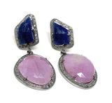 Pave Diamond Sapphire Earrings, Natural Pink and Blue Sapphire Gemstone Earrings, Victorian Jewelry