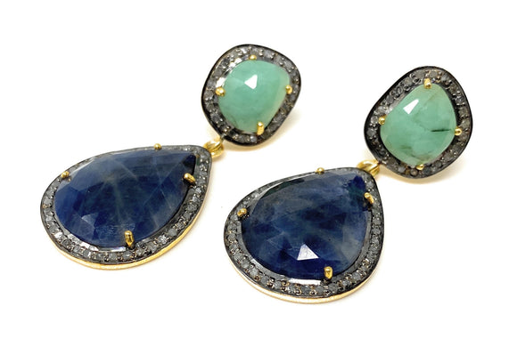 Genuine Emerald and Blue Sapphire Pave Diamond Earrings, Sapphire Earrings,Large Emerald Earrings, Gifts for Her