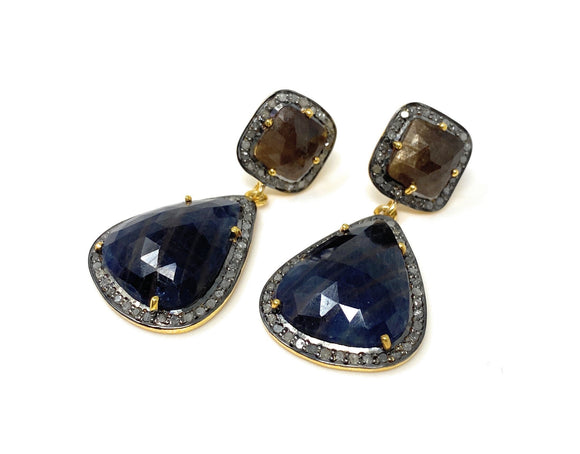 Pave Diamond Earrings, Blue Sapphire and Smoky Sapphire Earrings, Antique Look Silver Gemstone Earrings, Gifts for Her