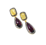 Pave Diamond Ruby and Yellow Sapphire Gemstone Earrings, Victorian Jewelry
