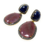 Genuine Sapphire Pave Diamond Earrings, Blue Sapphire Earrings, Rare Fancy Salmon Sapphire Earrings