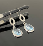 Genuine Sky Blue Topaz Pave Diamond Earrings, Sterling Silver Gemstone Earrings, Vintage Jewelry, 1.75”x 0.55”