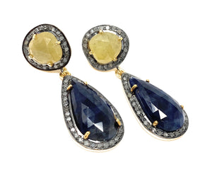 Rare Yellow and Blue Sapphire Pave Diamond Earrings, Sapphire Earrings, Genuine Gemstone Earrings, Handmade Jewelry Gifts for Her