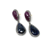 Blue and Dark Pink Sapphire Pave Diamond Earrings, Natural Sapphire Gemstone Earrings, Victorian Jewelry