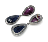 Blue and Dark Pink Sapphire Pave Diamond Earrings, Natural Sapphire Gemstone Earrings, Victorian Jewelry