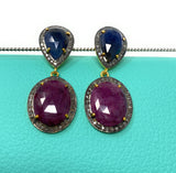 Blue and Dark Pink Sapphire Pave Diamond Earrings, Natural Sapphire Gemstone Earrings, Victorian Jewelry