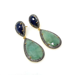 Genuine Emerald and Blue Sapphire Pave Diamond Earrings, Sapphire Earrings, Emerald Earrings, Gifts for Her