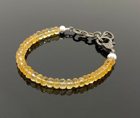 Natural Citrine Gemstone Bracelet, Pave Diamond Adjustable Bracelet, Citrine Jewelry, November Birthstone Jewelry