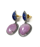Pave Diamond Sapphire Earrings, Natural Pink and Blue Sapphire Gemstone Earrings, Victorian Jewelry
