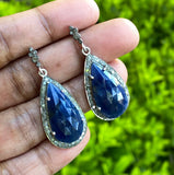 Pave Diamond Blue Sapphire Earrings, Natural Sapphire Gemstone Earrings, Victorian Jewelry, 1.5” x 0.60”