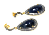 Blue Sapphire Diamond Earrings, Natural Gemstone Pave Diamond Earrings, Moon Dangle Victorian Earrings, 1.5” x 0.60”