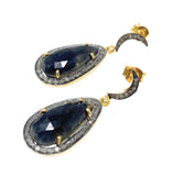Blue Sapphire Diamond Earrings, Natural Gemstone Pave Diamond Earrings, Moon Dangle Victorian Earrings, 1.5” x 0.60”