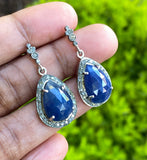 Pave Diamond Blue Sapphire Earrings, Natural Sapphire Gemstone Earrings, Silver Victorian Jewelry, 1.25” x 0.65”