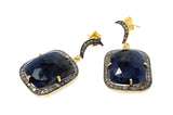 Pave Diamond Sapphire Earrings, Natural Blue Sapphire Gemstone Earrings, Moon Dangle Victorian Earrings, 1.30” x 0.75”