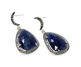 Pave Diamond Sapphire Earrings, Natural Blue Sapphire Gemstone Earrings, Moon Dangle Victorian Earrings, 1.35” x 0.65”