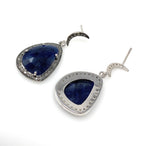Pave Diamond Sapphire Earrings, Natural Blue Sapphire Gemstone Earrings, Moon Dangle Victorian Earrings, 1.35” x 0.65”