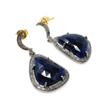 Pave Diamond Sapphire Earrings, Natural Blue Sapphire Gemstone Earrings, Moon Dangle Victorian Earrings, 1.40” x 0.75”