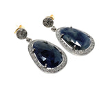 Pave Diamond Sapphire Earrings, Natural Blue Sapphire Gemstone Earrings, Dangle Victorian Earrings, 1.25” x 0.70”