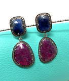 Pave Diamond Ruby and Blue Sapphire Earrings, Gemstone Earrings, Victorian Jewelry
