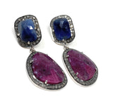 Pave Diamond Ruby and Blue Sapphire Earrings, Gemstone Earrings, Victorian Jewelry