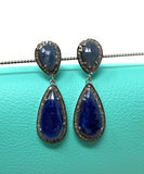 Pave Diamond Sapphire Earrings, Natural Blue Sapphire Gemstone Earrings, Victorian Jewelry