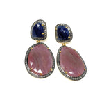 Genuine Sapphire Pave Diamond Earrings, Blue Sapphire Earrings, Rare Fancy Salmon Sapphire Earrings