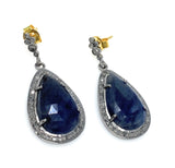 Blue Sapphire Pave Diamond Earrings, Natural Sapphire Gemstone Earrings, Victorian Jewelry, 1.40” x 0.65”
