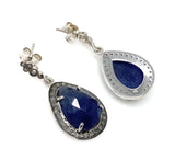 Pave Diamond Blue Sapphire Earrings, Natural Sapphire Gemstone Earrings, Silver Victorian Jewelry, 1.25” x 0.65”