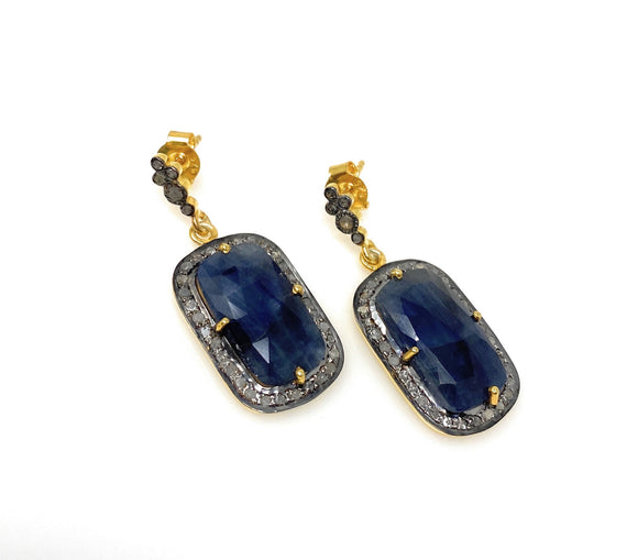Blue Sapphire Pave Diamond Earrings, Natural Sapphire Gemstone Earrings, Victorian Jewelry, 1.25” x 0.60”